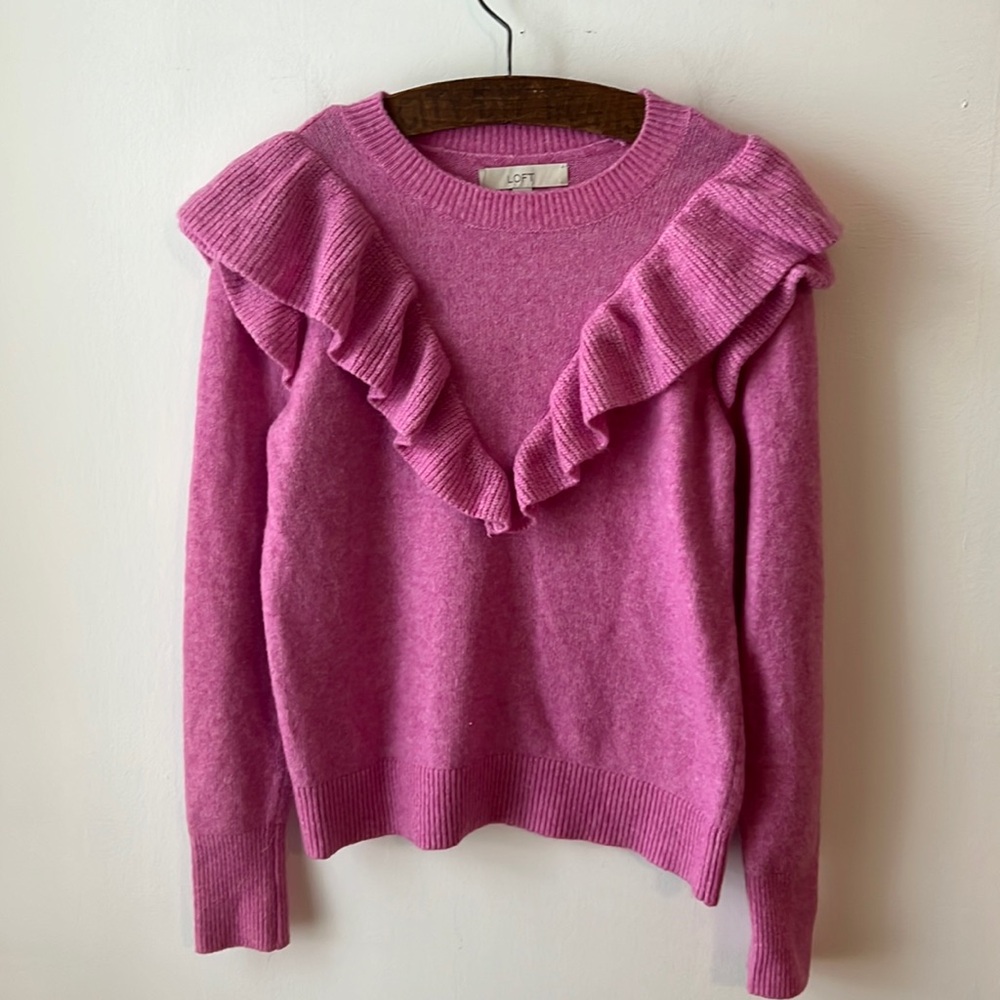 LOFT Bubblegum Pink Ruffle Sweater.  Size Medium.
